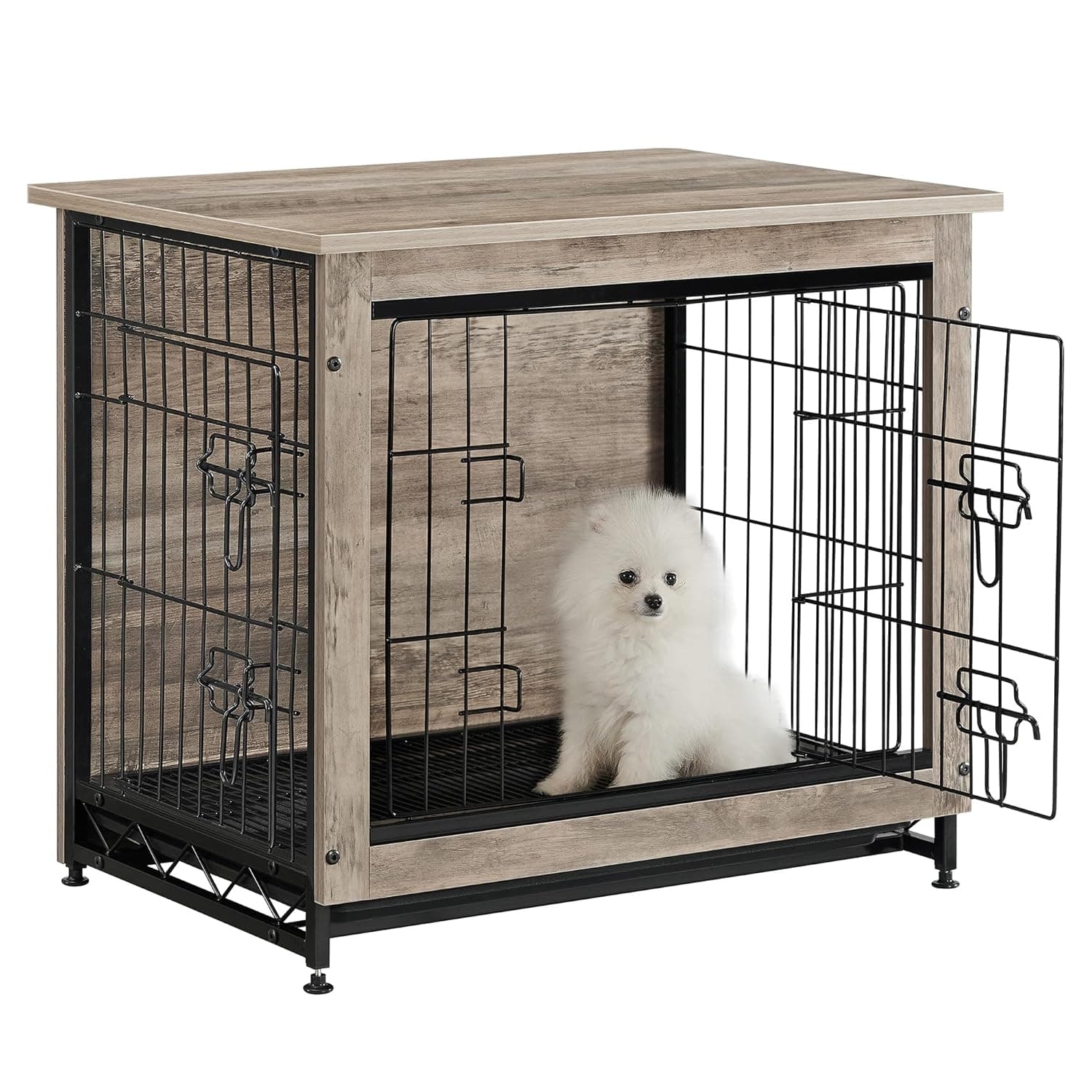Feandrea 27.2" Dog Crate Furniture, Indoor Dog Cage Side End Table, M Pet Wood Kennel for Medium and Small Dogs up to 30 lb with Multi-Purpose Removable Tray, Double-Door Pet House, Greige