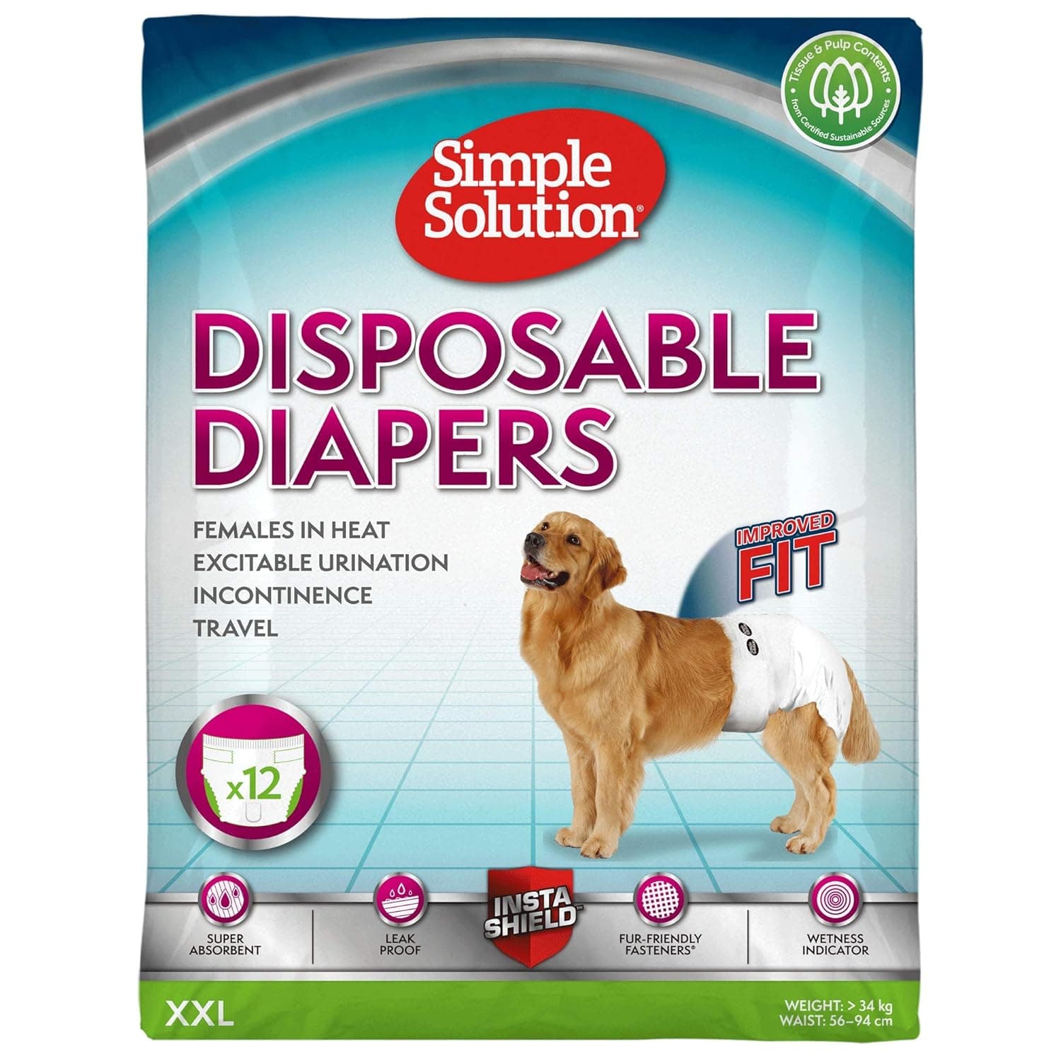 Simple Solution Disposable Dog Diapers XX-Large 12 Pack | Leak-Proof, Super Absorbent Pet Diapers for Large Dogs | Incontinence, Heat Cycle & Travel Protection
