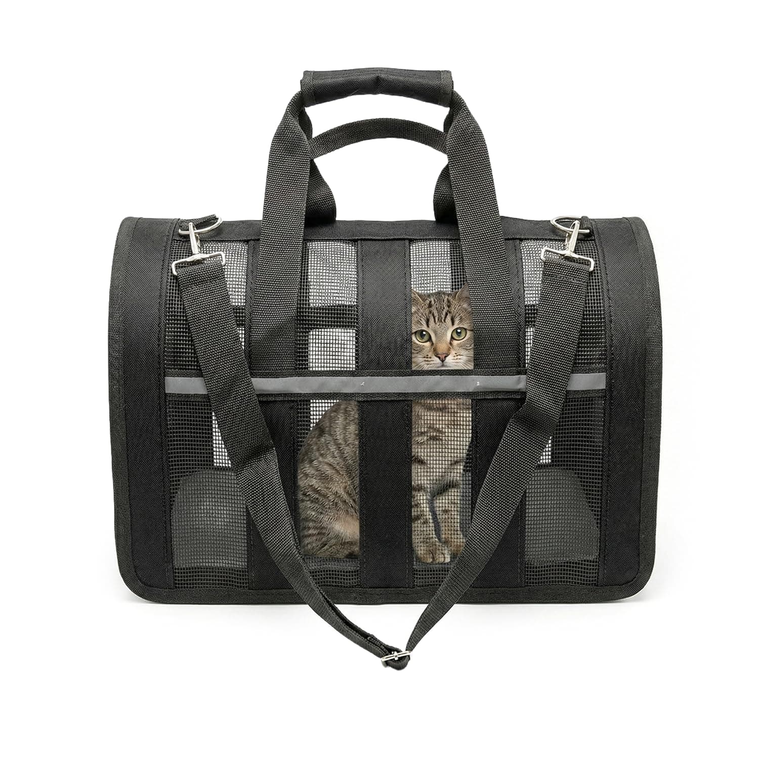 Small Black Soft Sided Pet Travel Carrier Bag | Breathable Mesh Portable Dog and Cat Carry Bag with Shoulder Strap and Reflective Strip | Comfortable Pet Transport for Car Travel Vet Visit