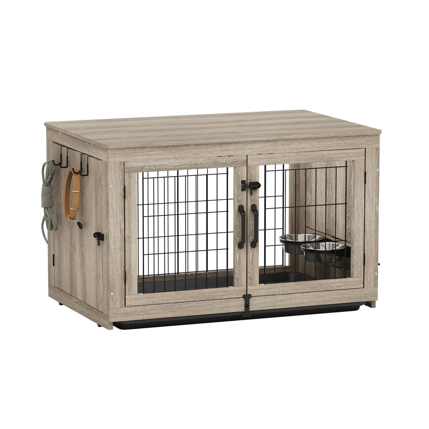 Piskyet Wooden Dog Crate Furniture with 360°Rotatable Removable Dog Bowls, Upgraded Sturdy Door Lock, Easy-to-clean Tray, Modern Furniture-style Design, L:38L*25W*26.5H, Grey