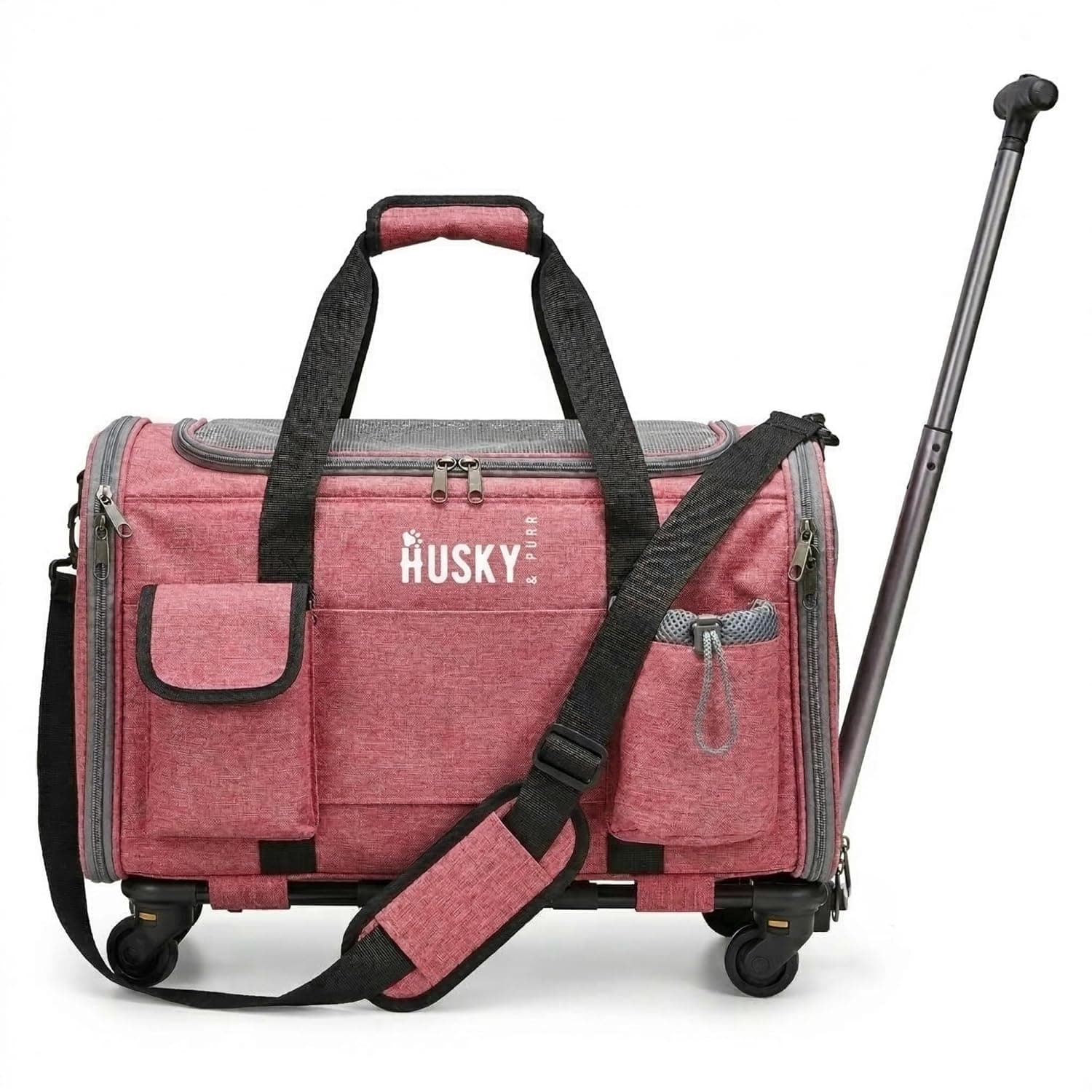 Husky & Purr Cat Bag Carrier with Trolley, Pink | Soft-Sided Collapsible Pet Carrier | Airline Approved Pet Dog Carrier | Pet Bags for Dogs, Cats, Kittens or Puppies | Anti-Scratch Pet Travel Bag