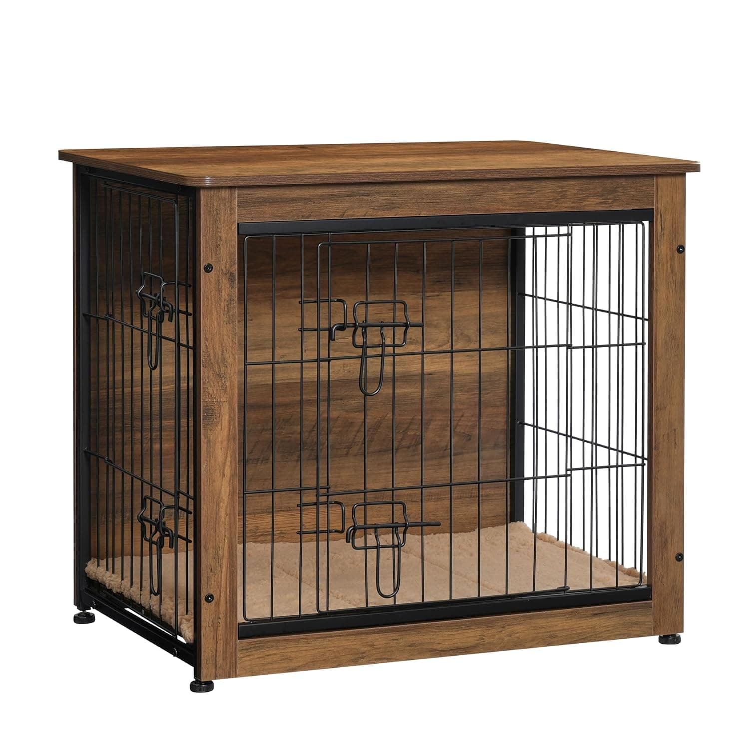 DWANTON Dog Crate Furniture with Cushion, Wooden Kennel Table with Double Doors, Indoor Dog House, Small/Medium/Large Size, 27.2" L, Warm Brown