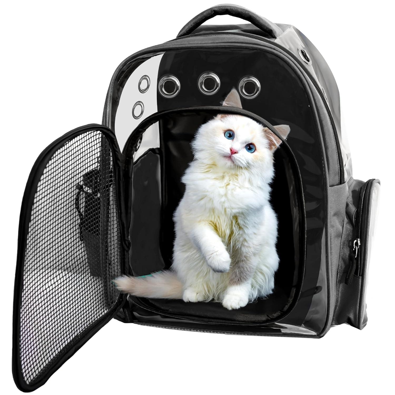 Buraq Breathable Design Pet Carrier Backpack for Hot Weather Travel, Hiking, Ventilated, Touring, Airline-Approved, Sturdy Base cat Bag for Cats Kitten Puppy Rabbit Bird (Black)