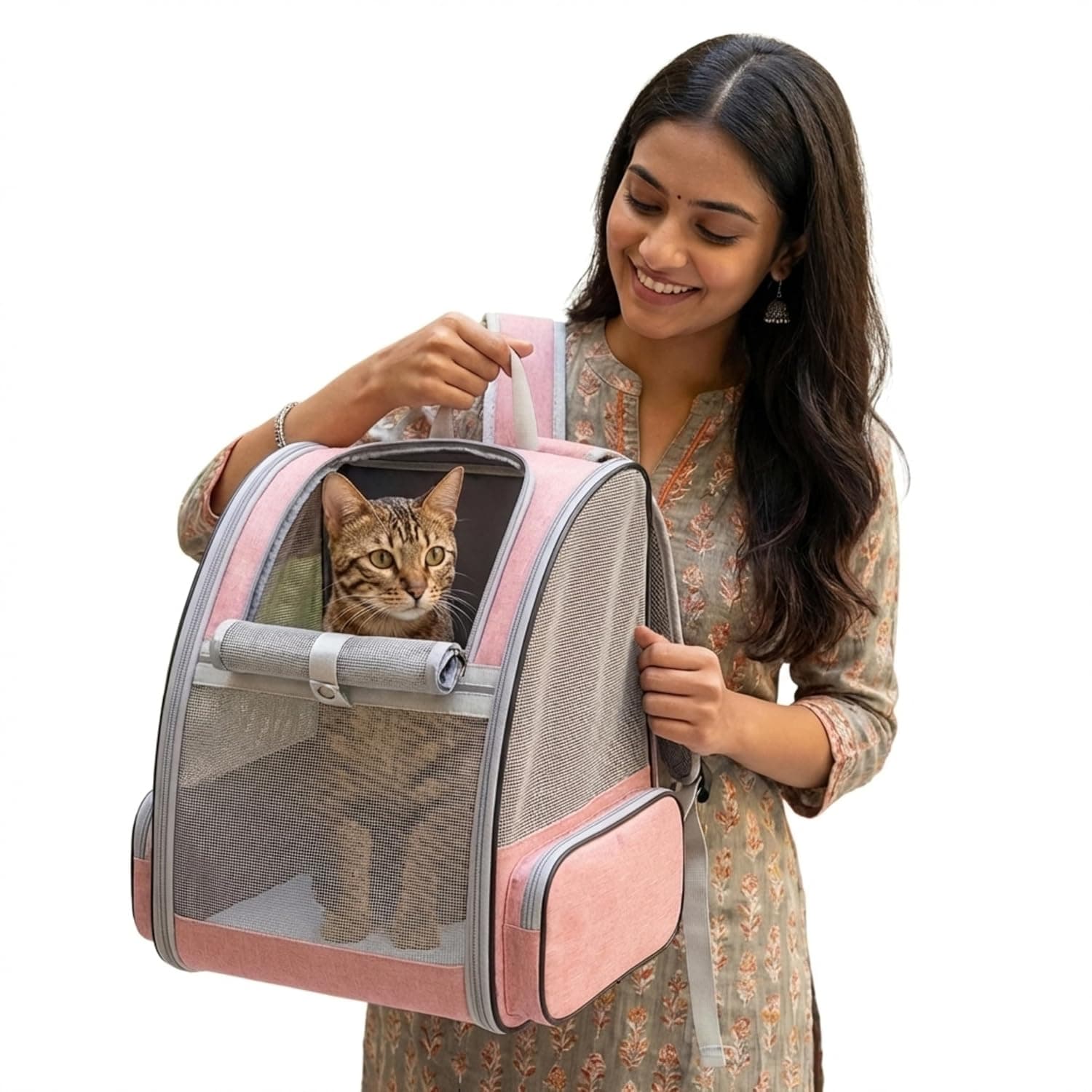MAK7 Cat Bag Carrier Backpack for Dogs& Kittens | Breathable Mesh Design, Lightweight Travel Bag for Small Pets | Wide Strap, Foldable | Cat Carrier, Dog | Heavybase Pad| Summer Pink