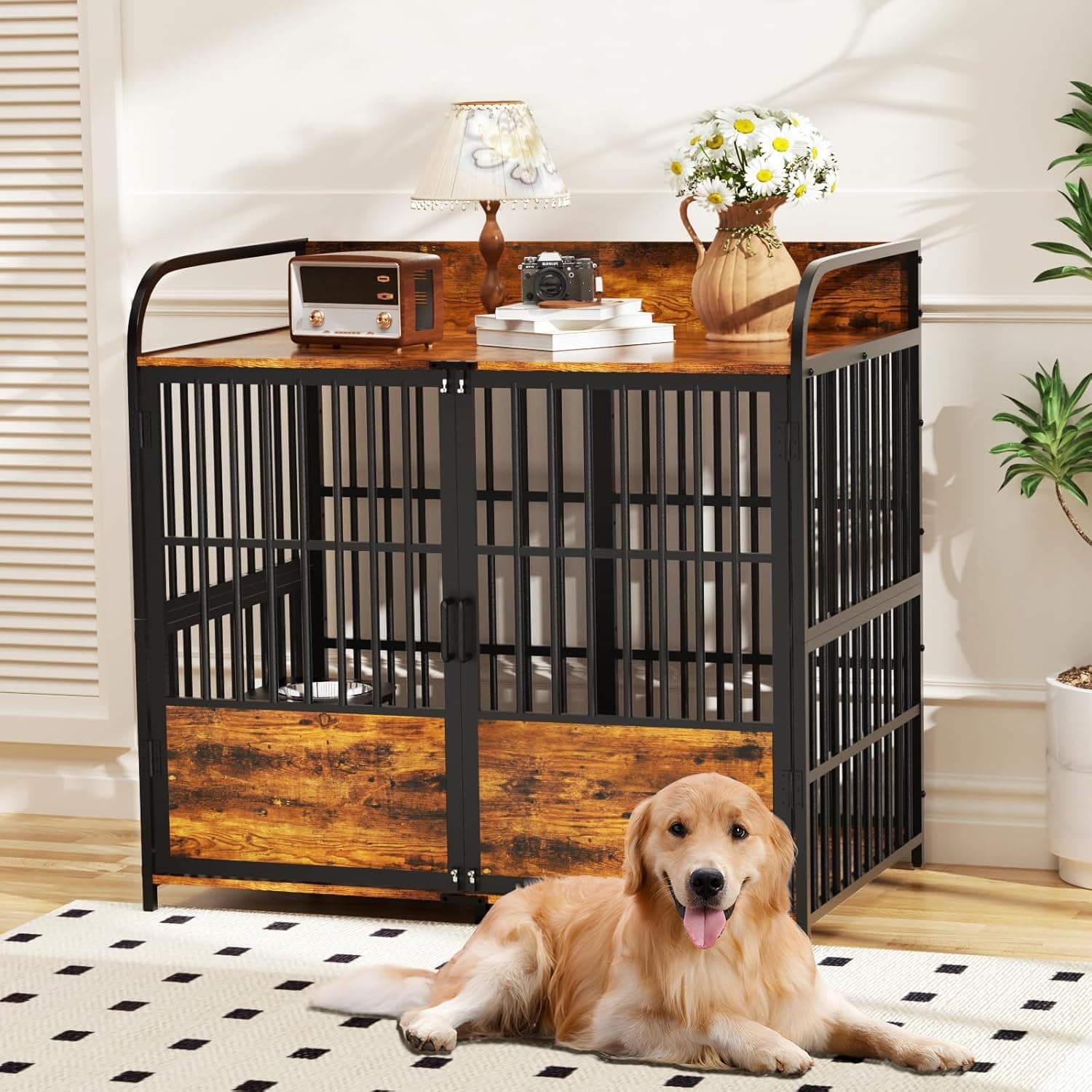 Dog Crate Furniture, 41 Inch Dog Kennel Indoor, XL Dog Crate with 2 Stainless Steel Dog Bowls Adjustable, Wooden Dog Crate Table Decorative for Small/Medium/Large Dog, 41" L X 23.6" W X 35.8" H, Brown