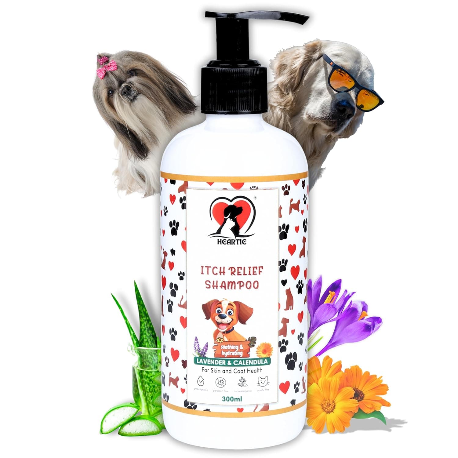 HEARTIE Itch Relief Shampoo for Dogs & Cats | 300 ml Paraben Free Pet Shampoo with Lavender, Calendula, Turmeric, Aloe, Vitamin E | Dog Itching Relief for All Breeds | Persian Cat Itch Relief
