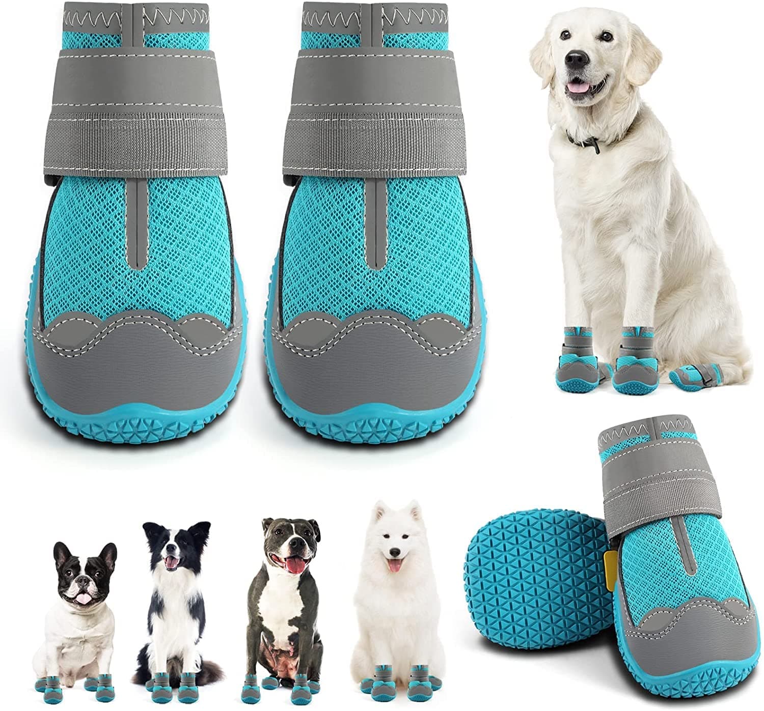 KUTKUT Dog Boots for Hardwood Floor | Breathable Shoes | Booties With Reflective and Skid-Proof | Outdoor Paw Protectors With Rubber Soles for Hiking and Running