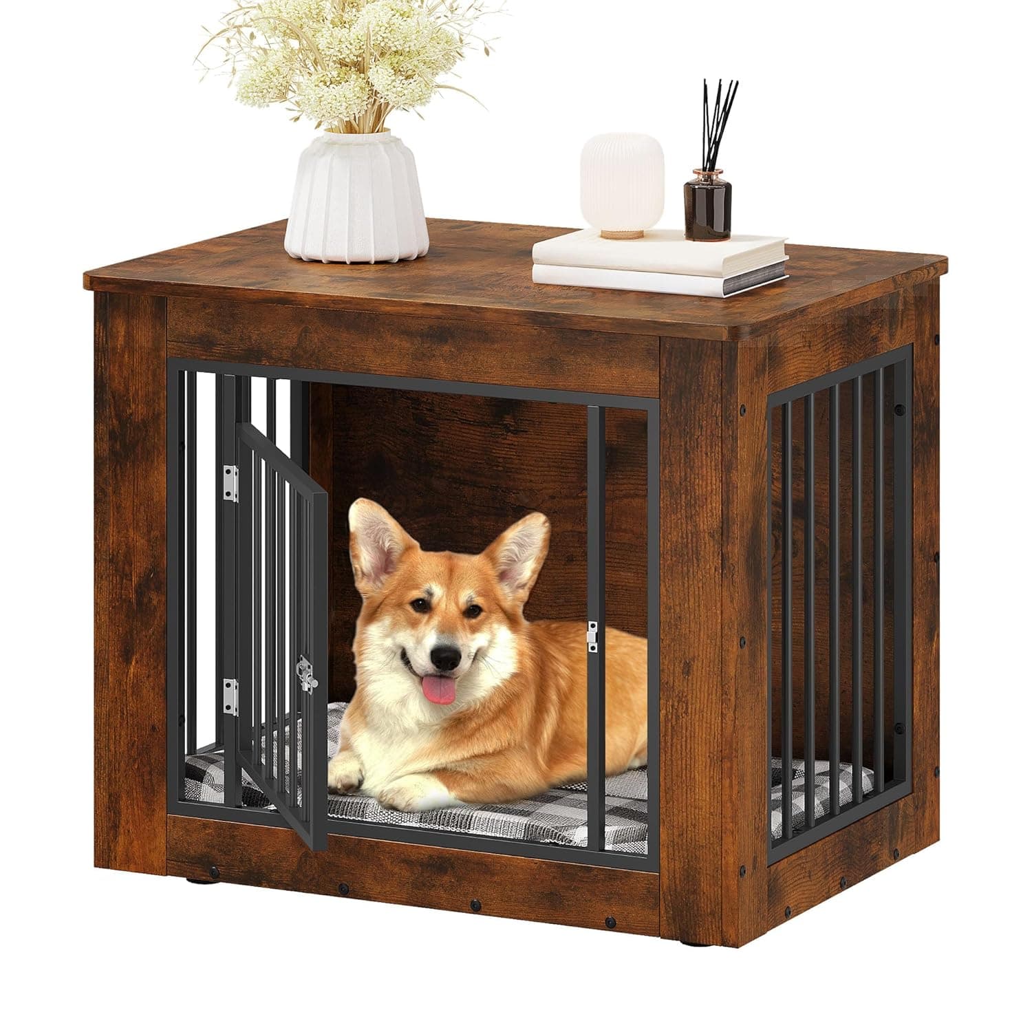 YITAHOME Dog Crate Furniture for Medium Dogs, Side End Table, Modern Dogs Kennel Indoor up to 35 lb, 2-in-1 Iron-Wood Fusion Dog Cage with Waterproof Top, Safety Corners,Steel Lock,30"L, Rustic Brown