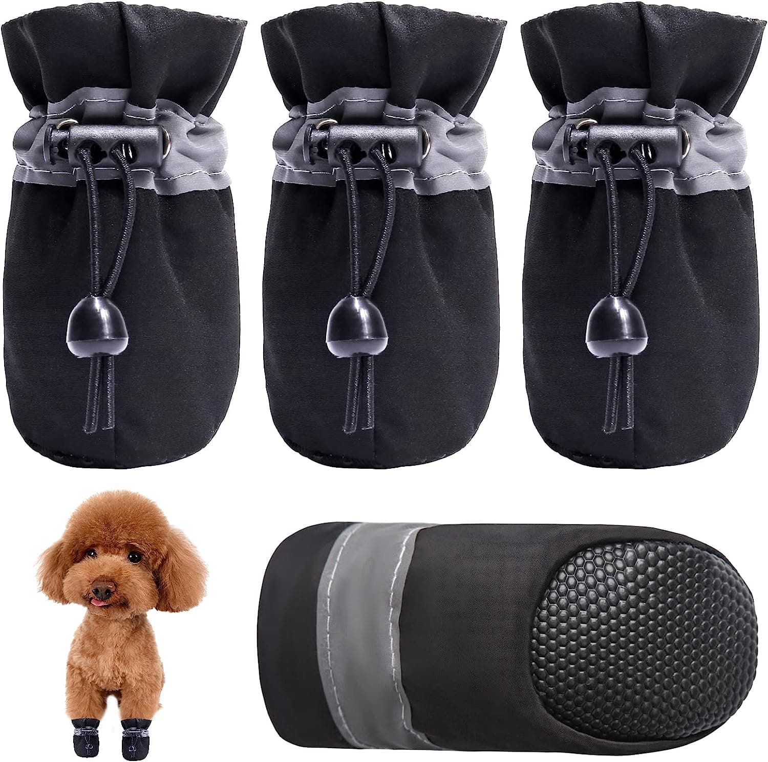 KUTKUT Dog Boots Paw Protector | Pack of 4pcs Anti-Slip Upgraded Sole Dog Shoes with Reflective Straps for Shihtzu, Bichon, Poodle (Black, Size:4, Feet Long: 5cm, Feet Wide: 4cm)