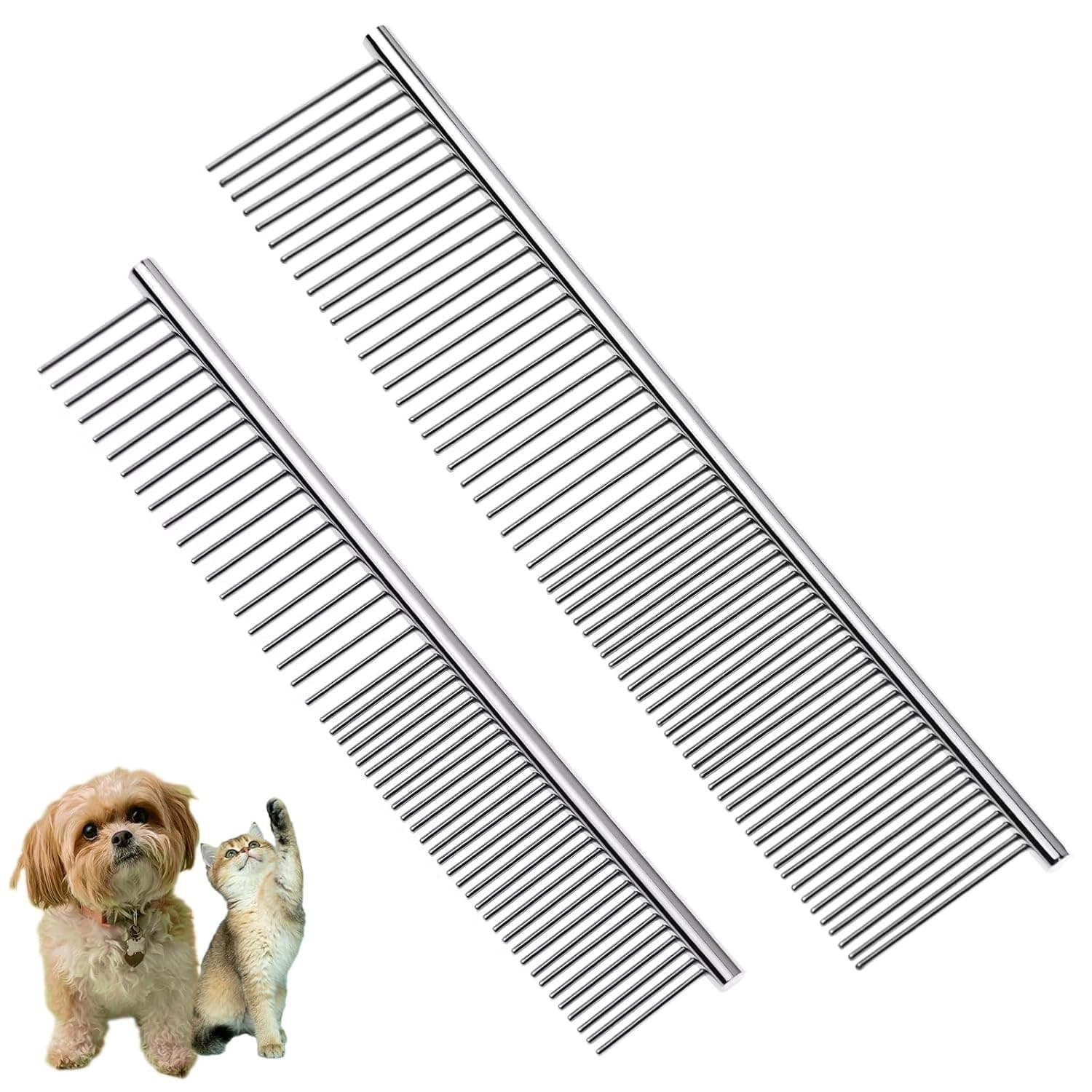 Flezoo 2PCS Dog and Cat Brush, Stainless Steel Pets Grooming Comb Kit, Detangler Deshedding Brush, Metal Knots Hair Remover 6.4" 7.5"