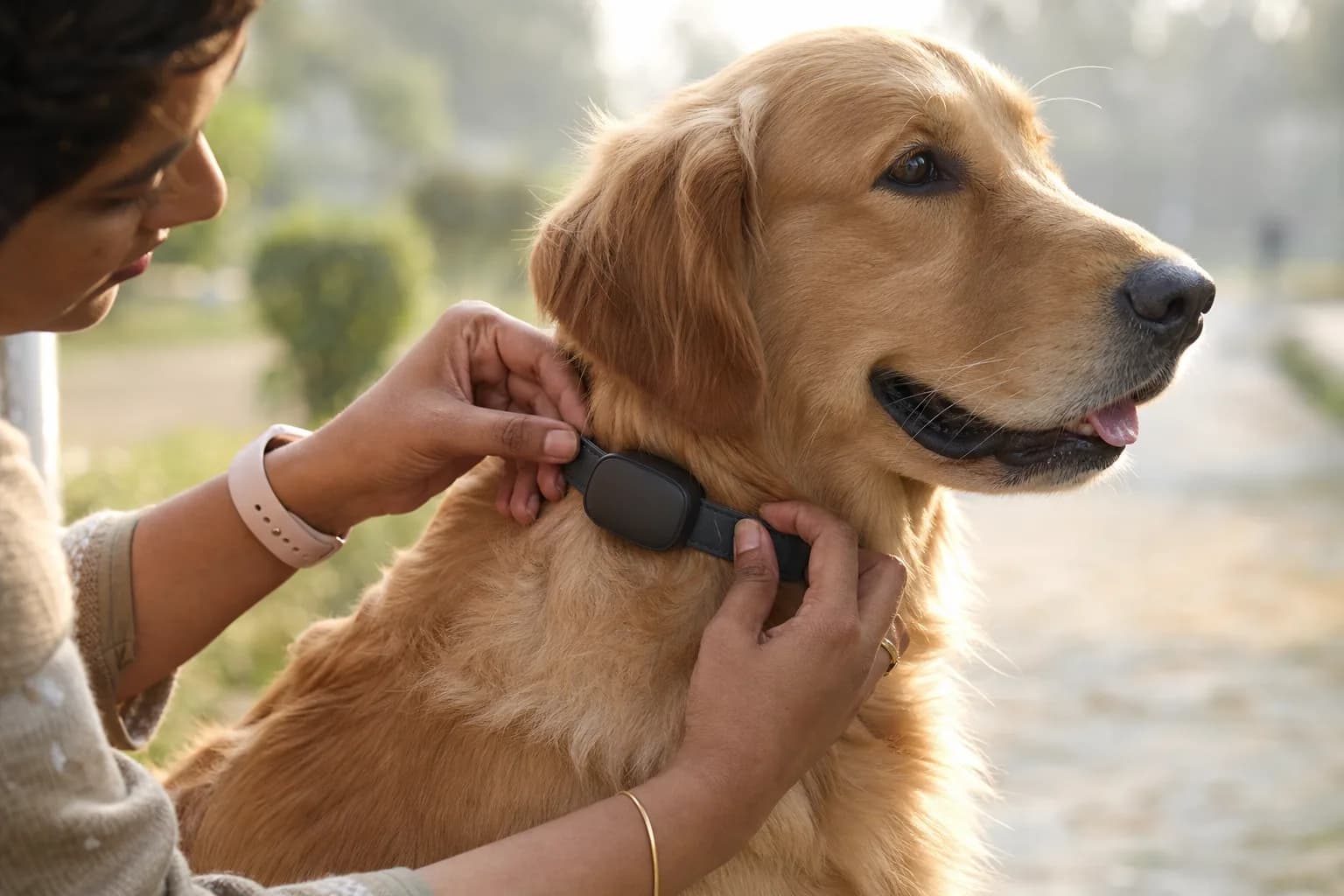 Close-up of an Indian pet parent fastening a GPS collar onto a golden retriever in warm outdoor light